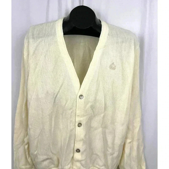 VTG Cream V Neck Cardigan Sweater Men's Large LOGO Grandpa Wear - Picture 5 of 14